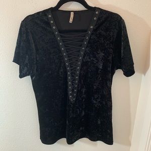 LF Emma & Sam Black Crushed Velvet Lace Up Top